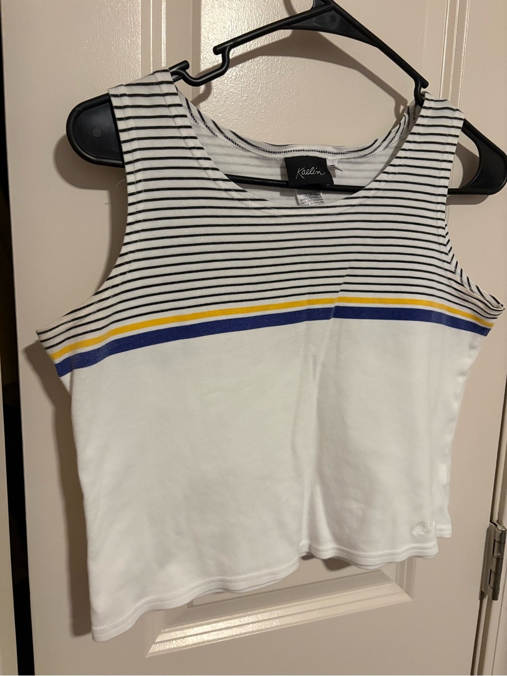 Kaelin White Sleeveless Crop Tank with Navy Black & Yellow Stripes